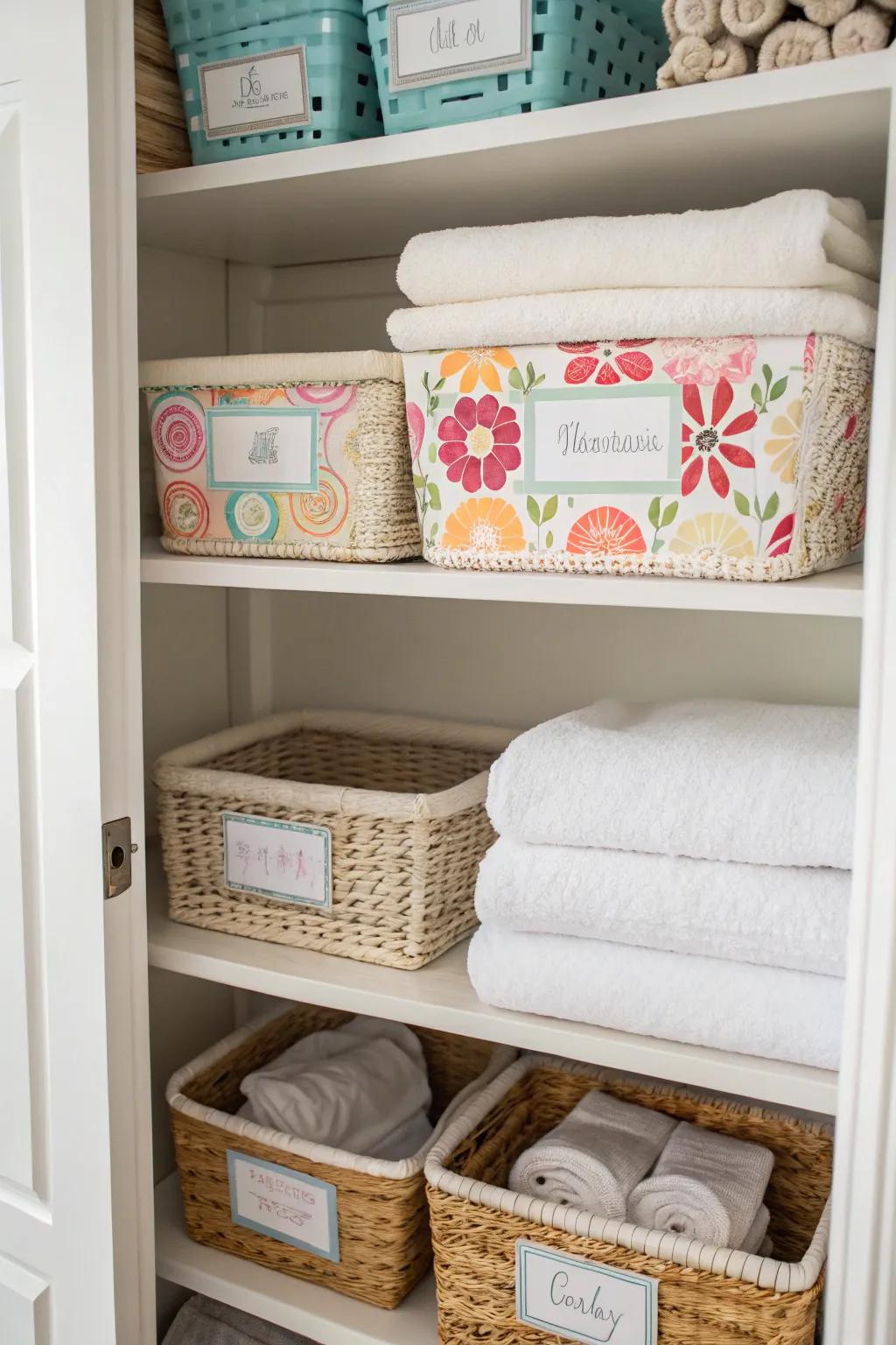 Ornamental tags aid in upholding arrangement within a linen closet.