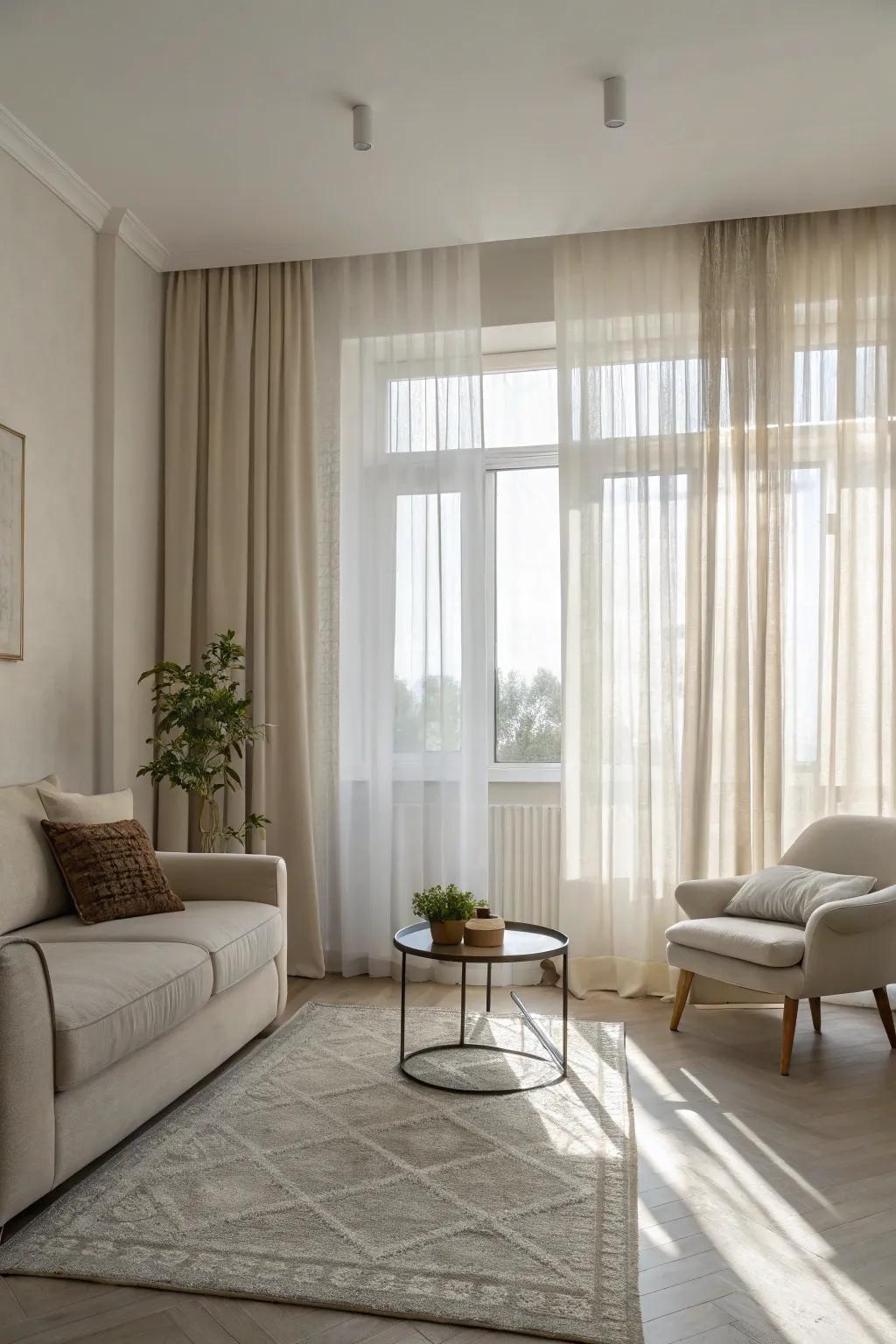 Unadorned curtains contribute a streamlined and sophisticated nuance to contemporary living spaces.