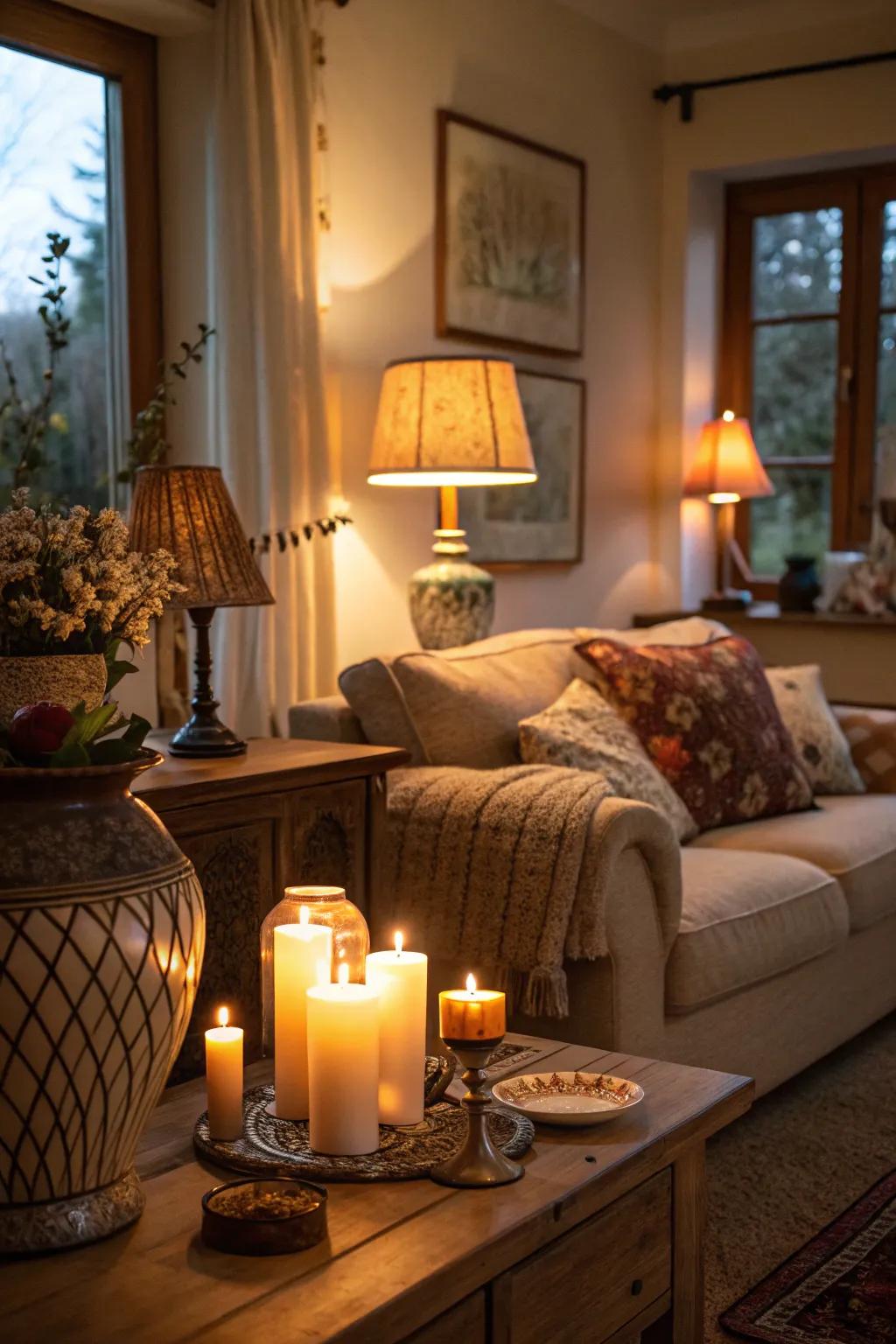 This cozy living room has a calm and intimate ambiance thanks to the soft lighting.
