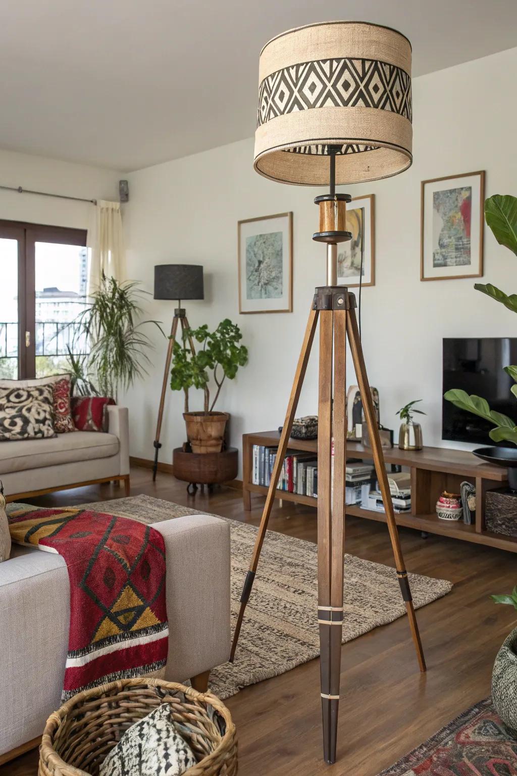 An eclectic family room with a standing lamp crafted from mixed materials.