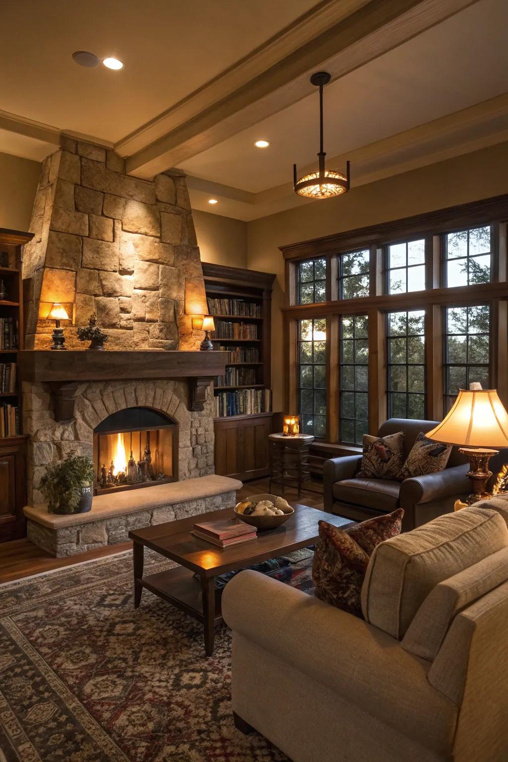 A warm and welcoming living space centered around a stunning hearth.