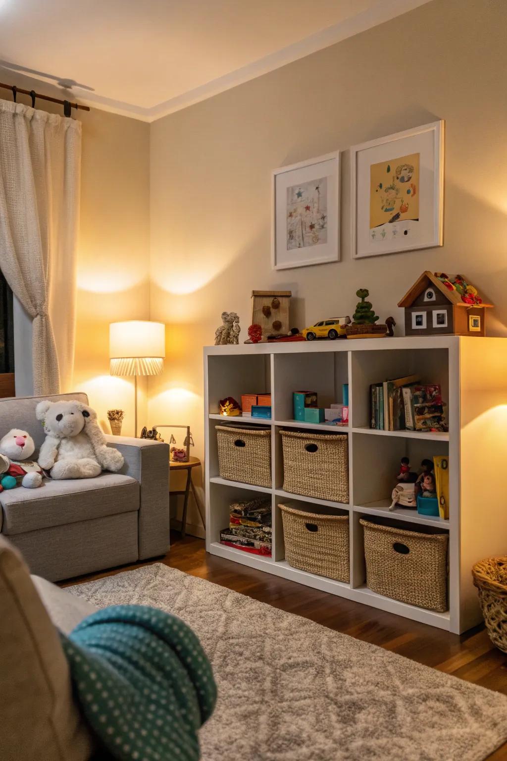 A toy rotation system keeps the living room organized and fresh.