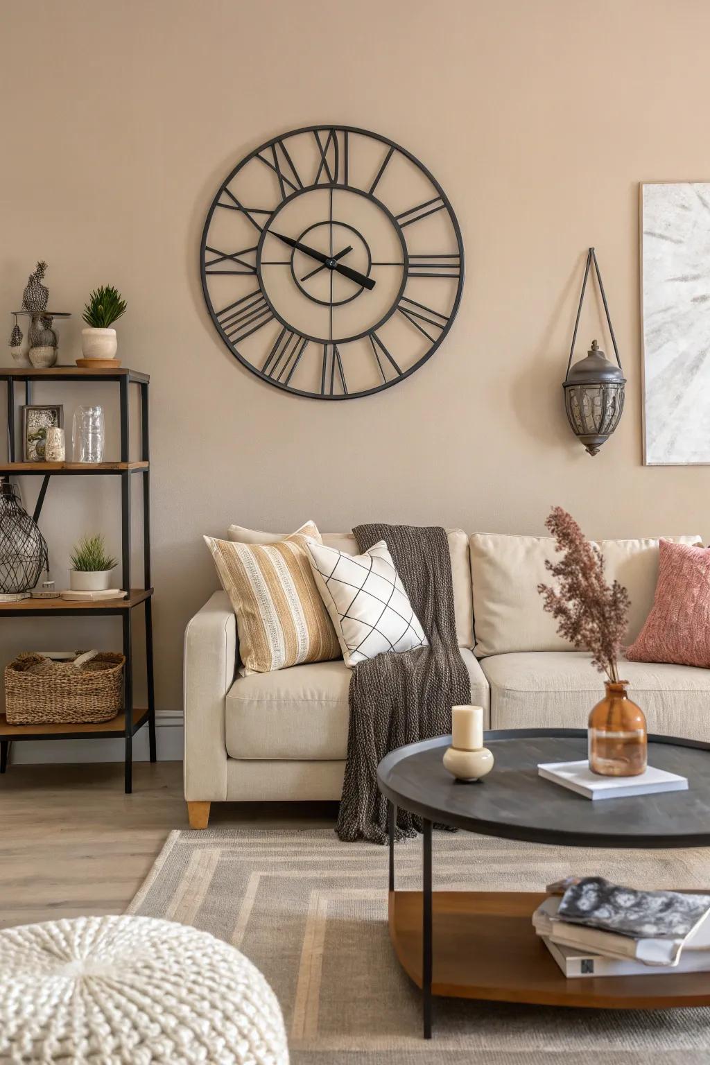 A neutral color palette emphasizes the wall clock as the focal point.