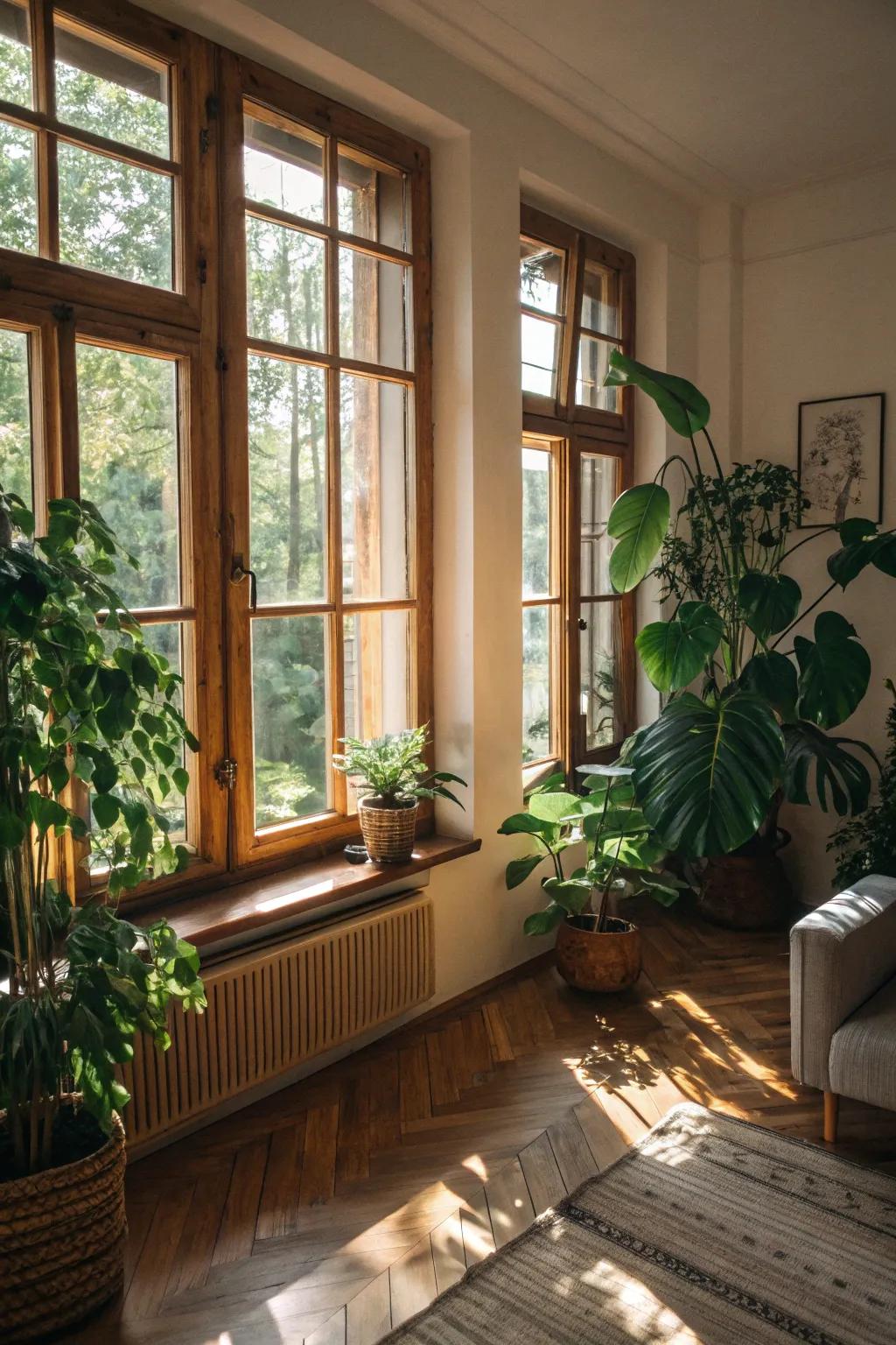 Organic accents, such as timber and flora, crafting a serene ambiance.