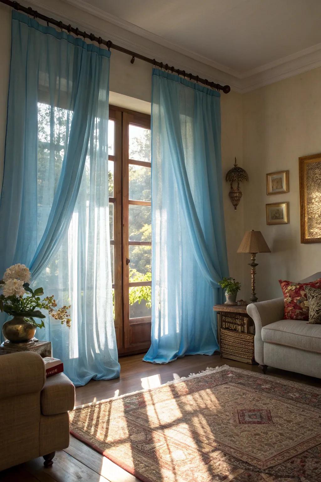 See-through sky-tinted drapes fashion a manipulation of illumination and shadow, adding magnitude and visual intrigue to the space.