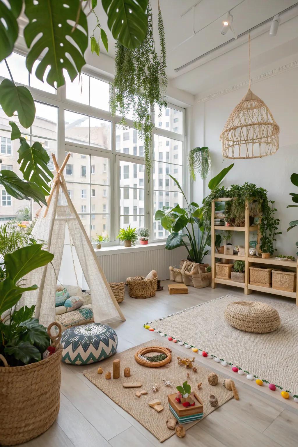 Organic-inspired ornamentation instills warmth and equilibrium within the playroom.