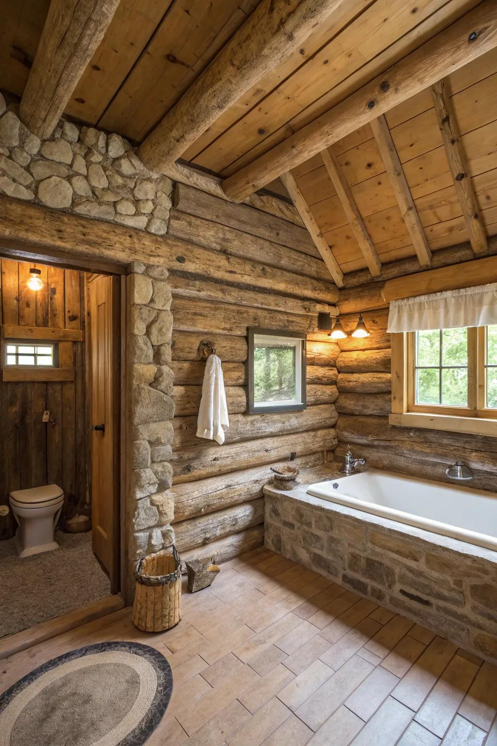 A log cabin bathroom using exposed beams and log walls.