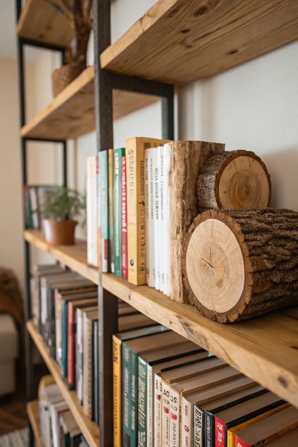 Natural bookends enhancing a bookshelf.