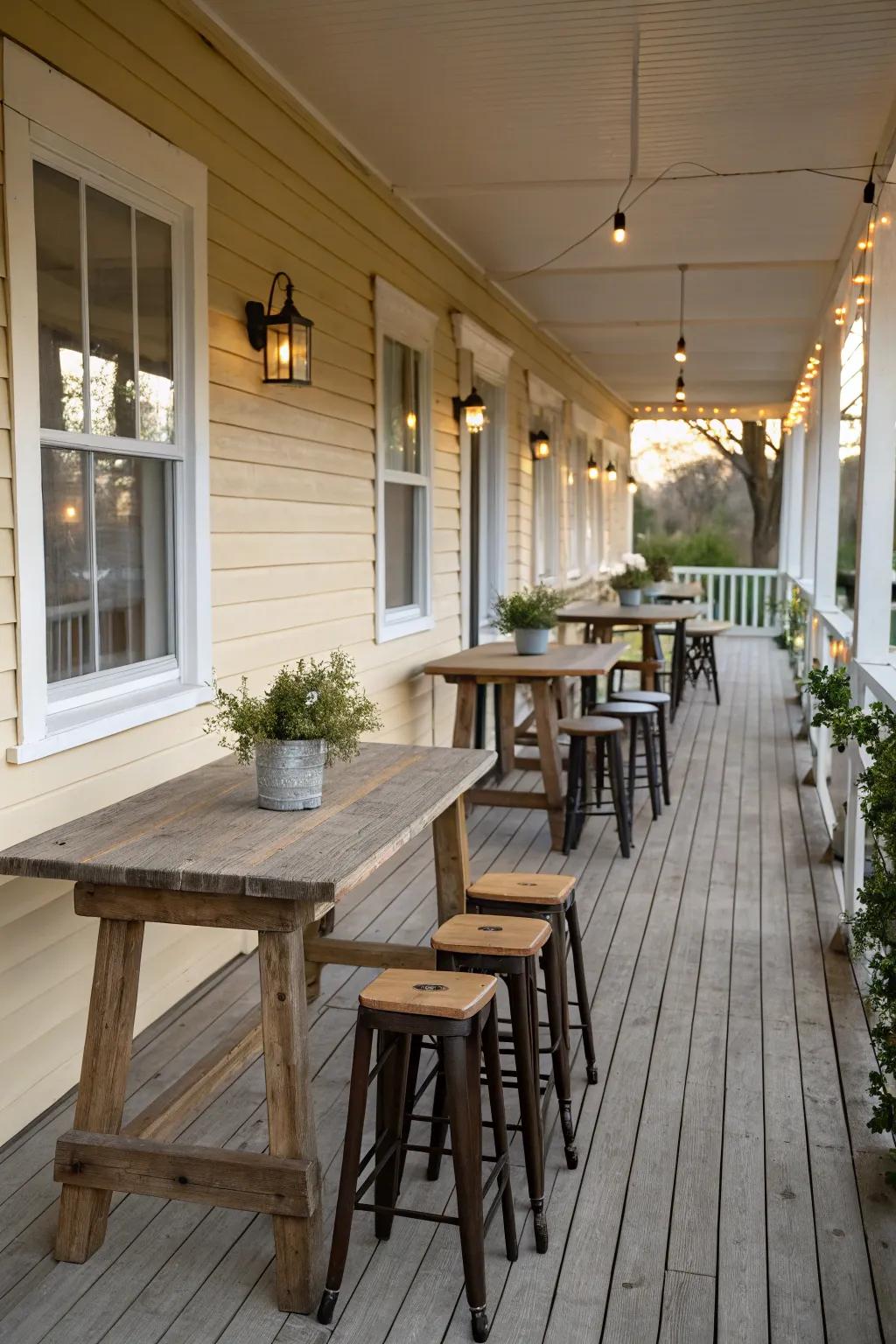 Practical embellishments like tables and stools enhance the utility of a long porch.