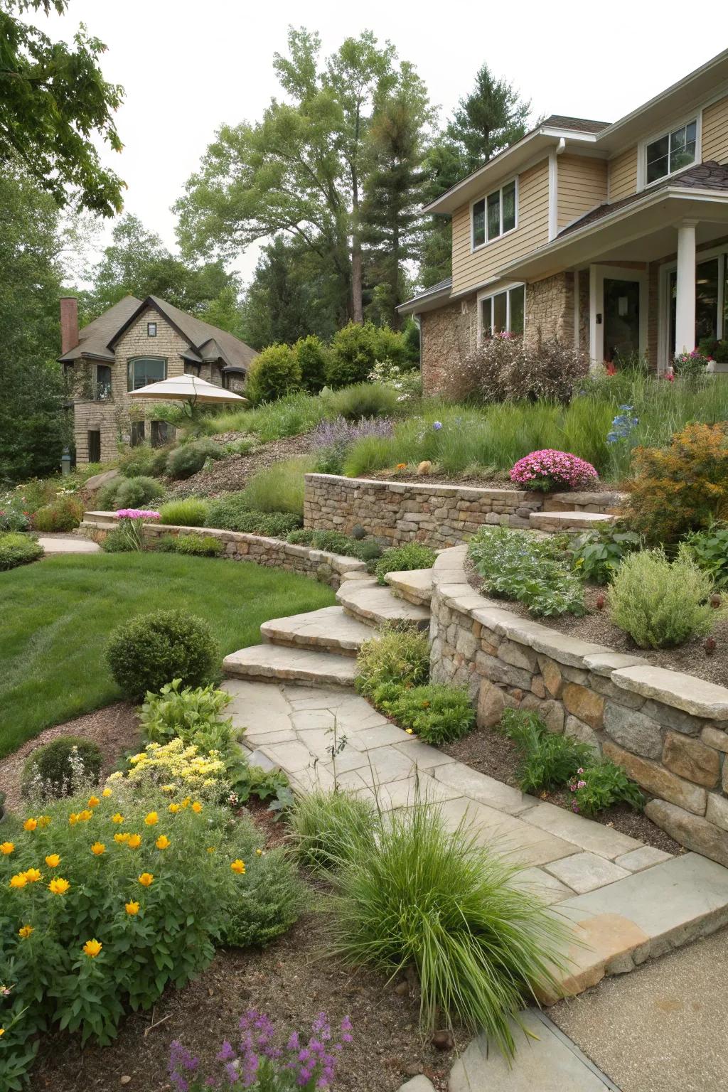 Less turf translates to reduced work and amplified beauty on an incline.