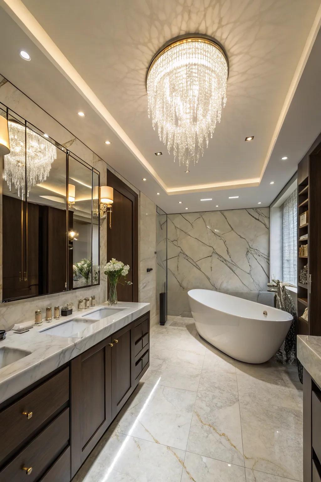 A deluxe bathroom enhanced by a contemporary chandelier and flush lighting.