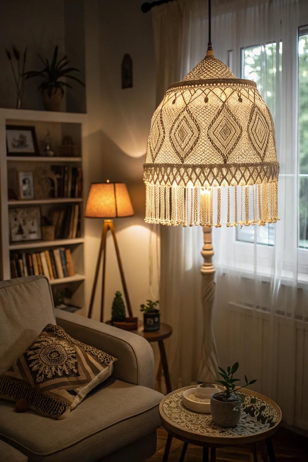 Knotwork lamp covers adding radiance and warmth.