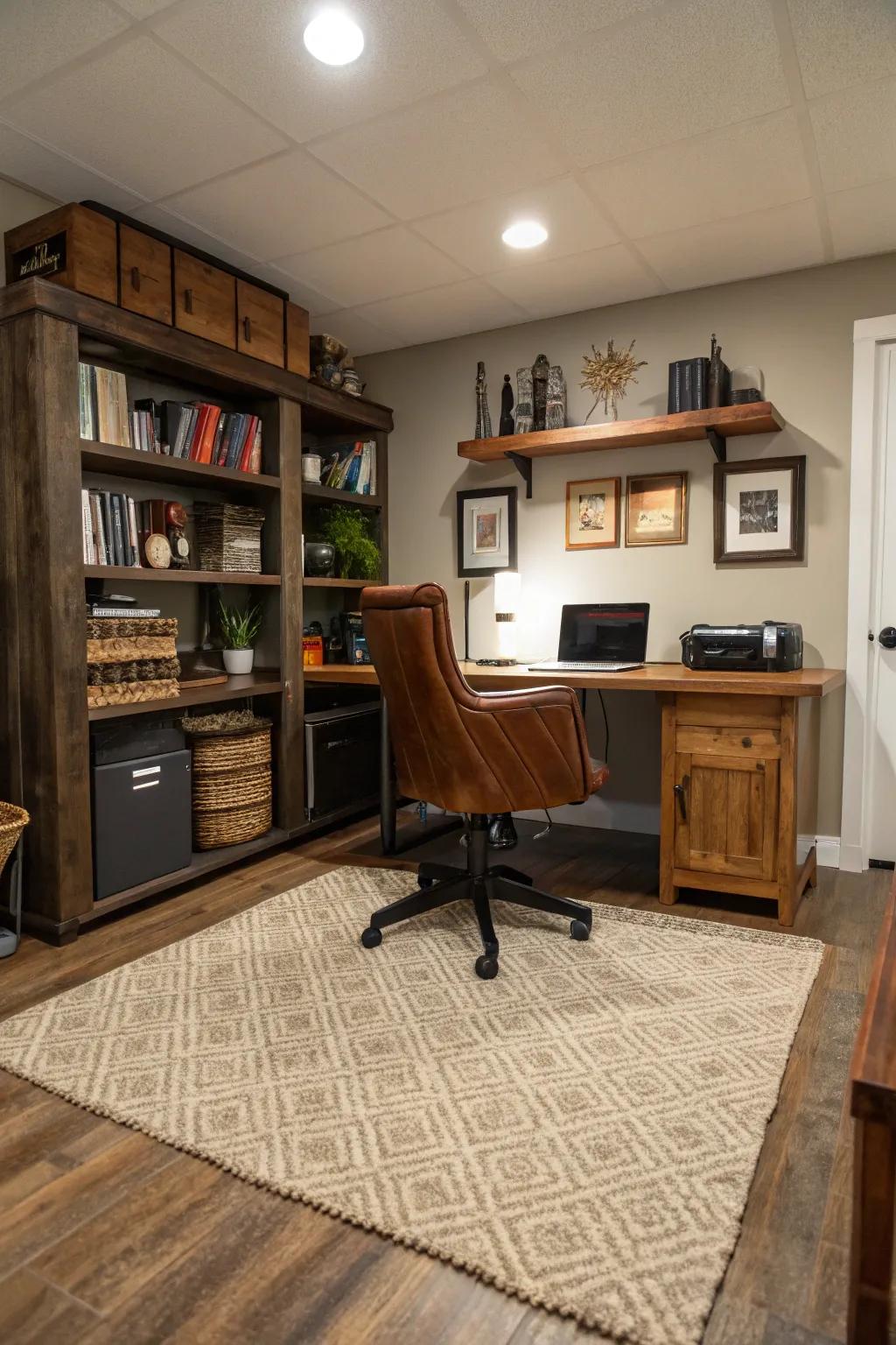 Area rugs introduce texture and delineate the workspace.