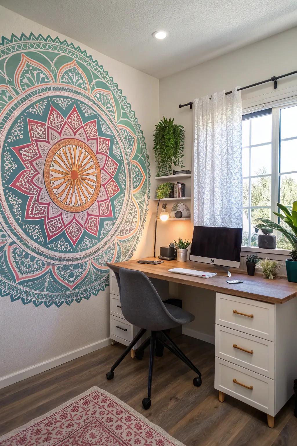 A mandala wall mural encouraging creativity in a home office.