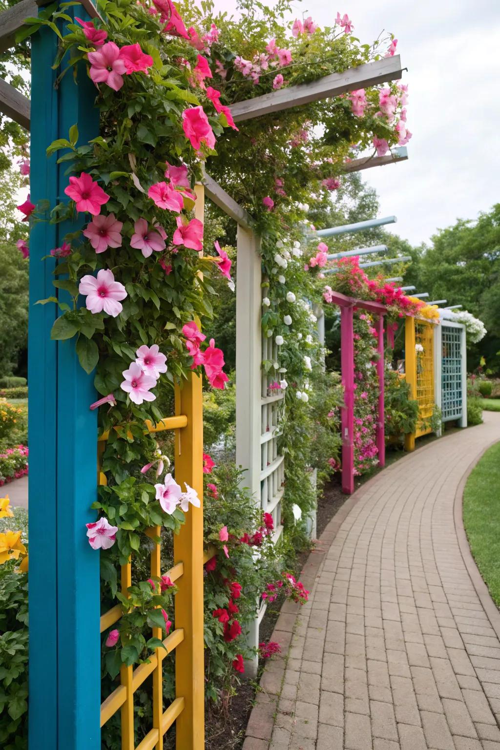 Colorful trellis boards offer an artistic backdrop for tropical trumpet blooms.