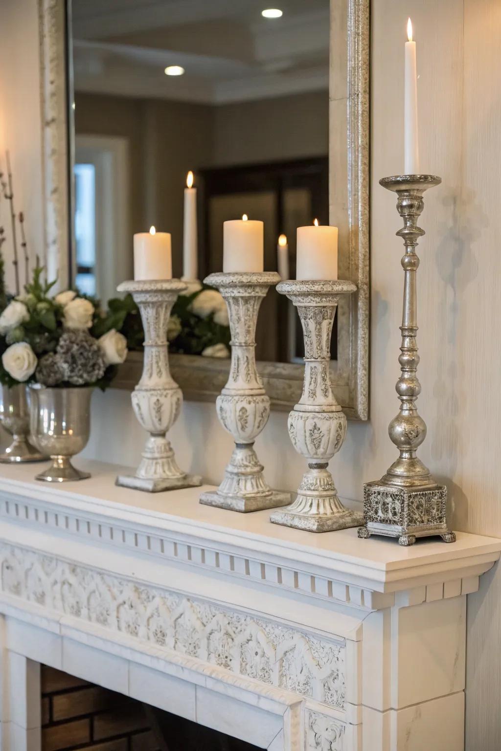 Symmetrical arrangements bring a harmonious and balanced sensation to the mantel.