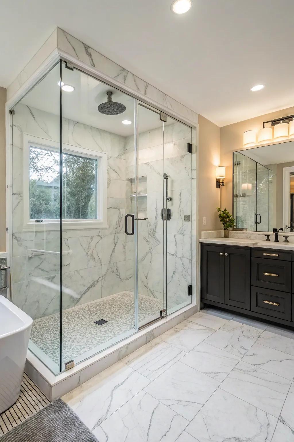 An open and welcoming step-free shower featuring stone-style polished stoneware and clear glass.