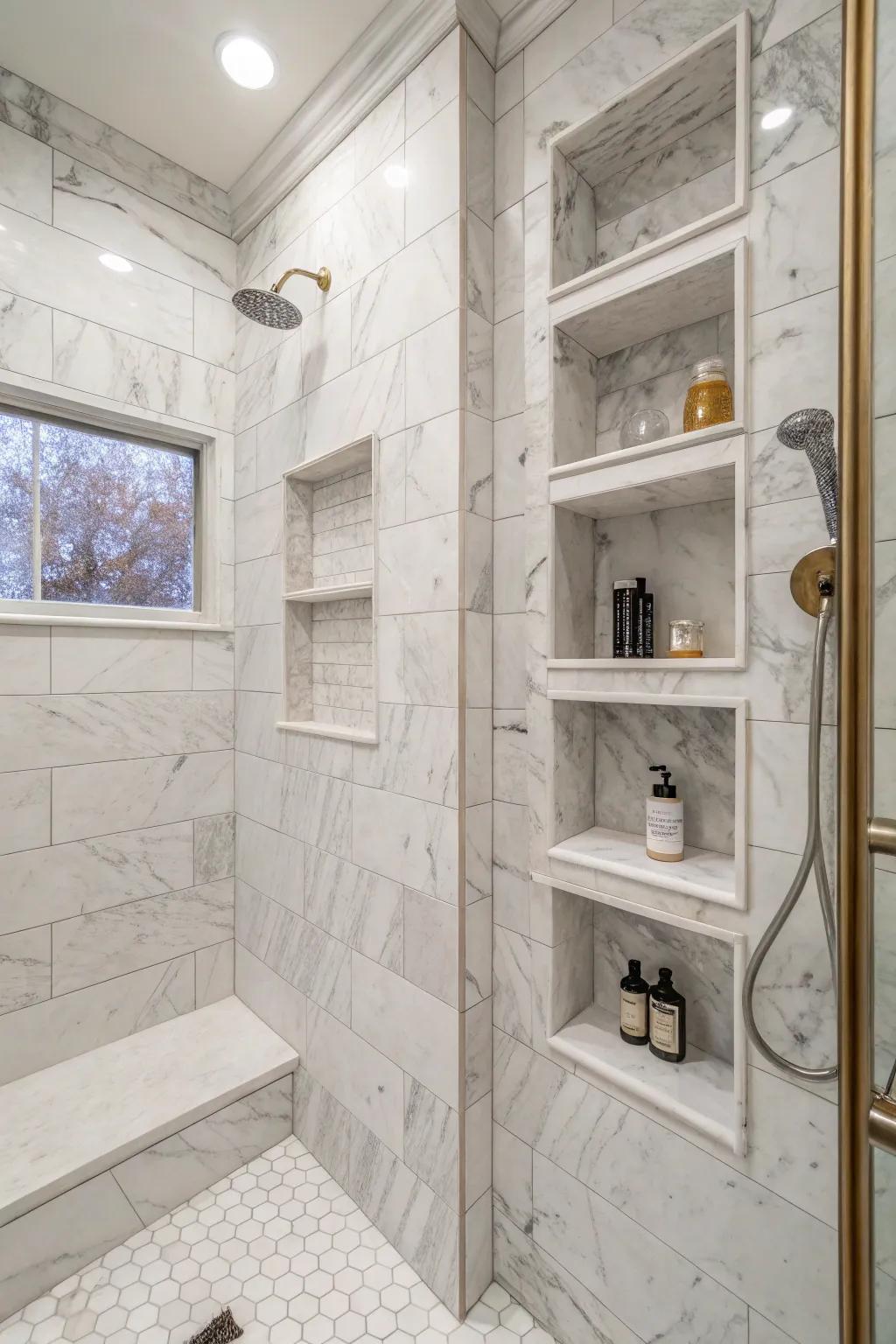 Integrated shelving maintains your shower's orderly arrangement and chic.