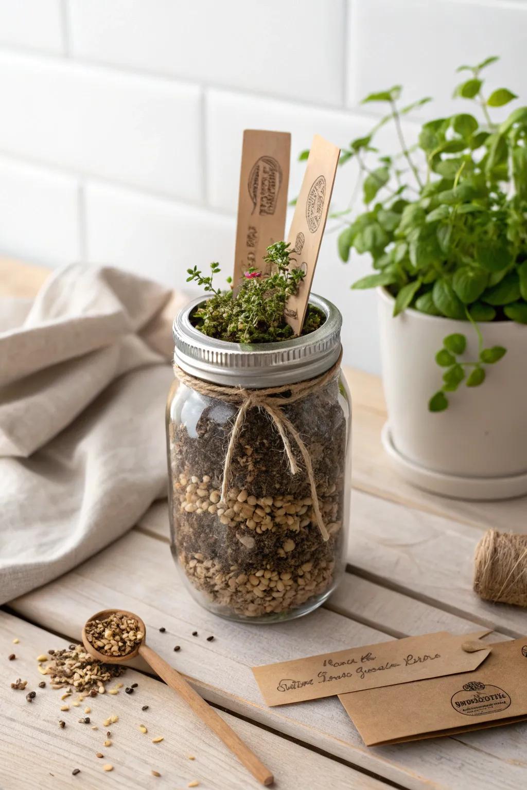 Gift the joy of gardening with this charming mason jar filled with kernels and soil. Perfect for cultivating a green thumb!