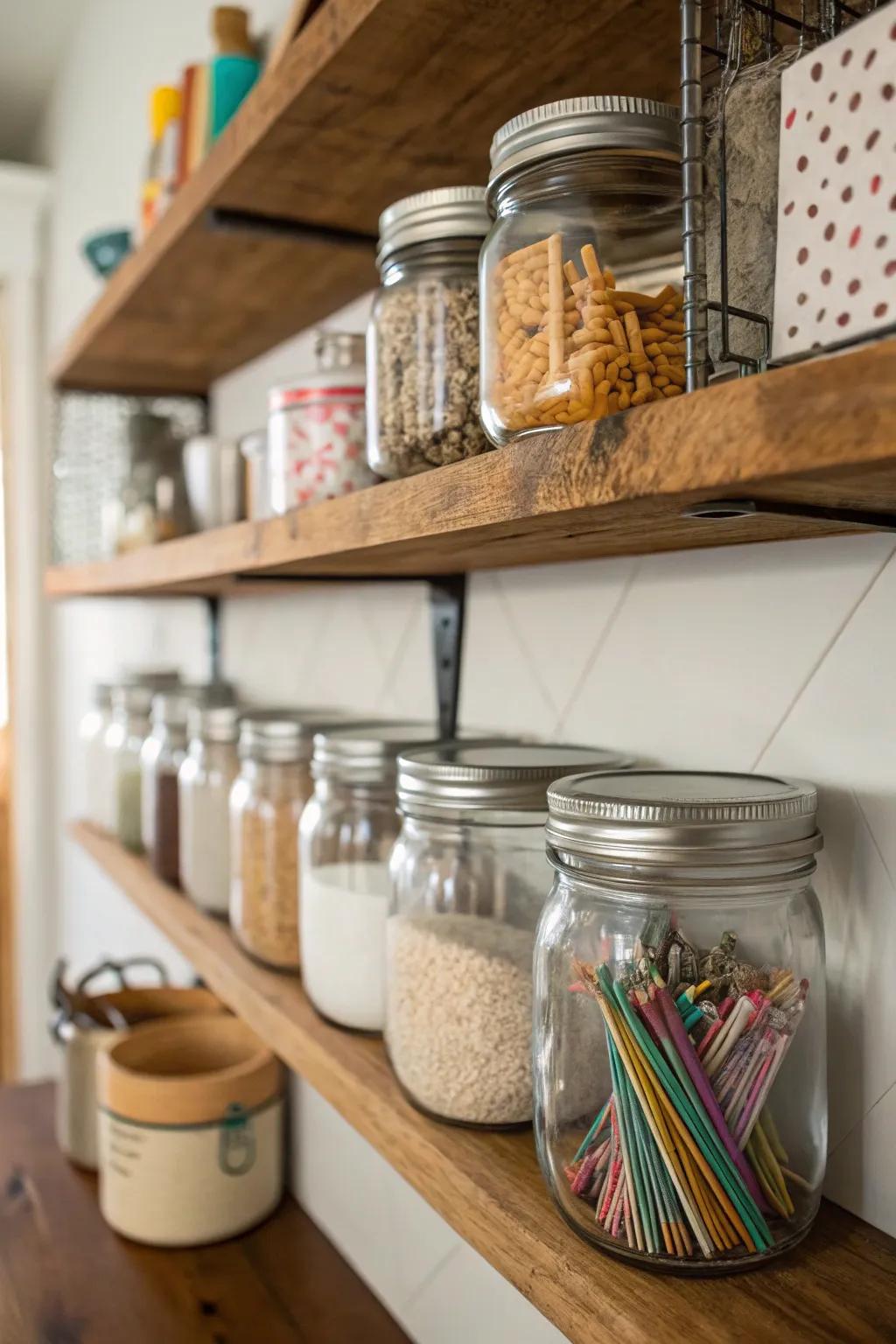 Use glass preserving jars to organize with style.