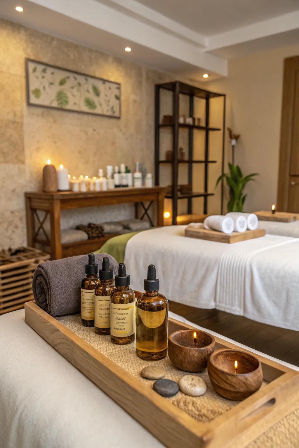 A massage room radiating spa-inspired luxury using fragrant concentrates and implements.