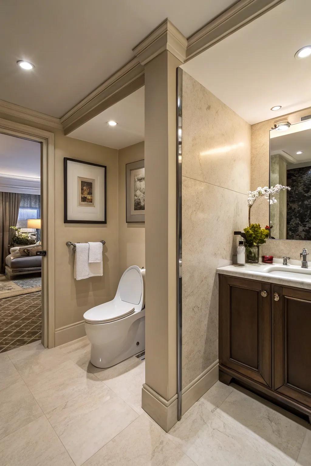 A private toilet nook ensures discretion without sacrificing valuable space in this bathroom layout.