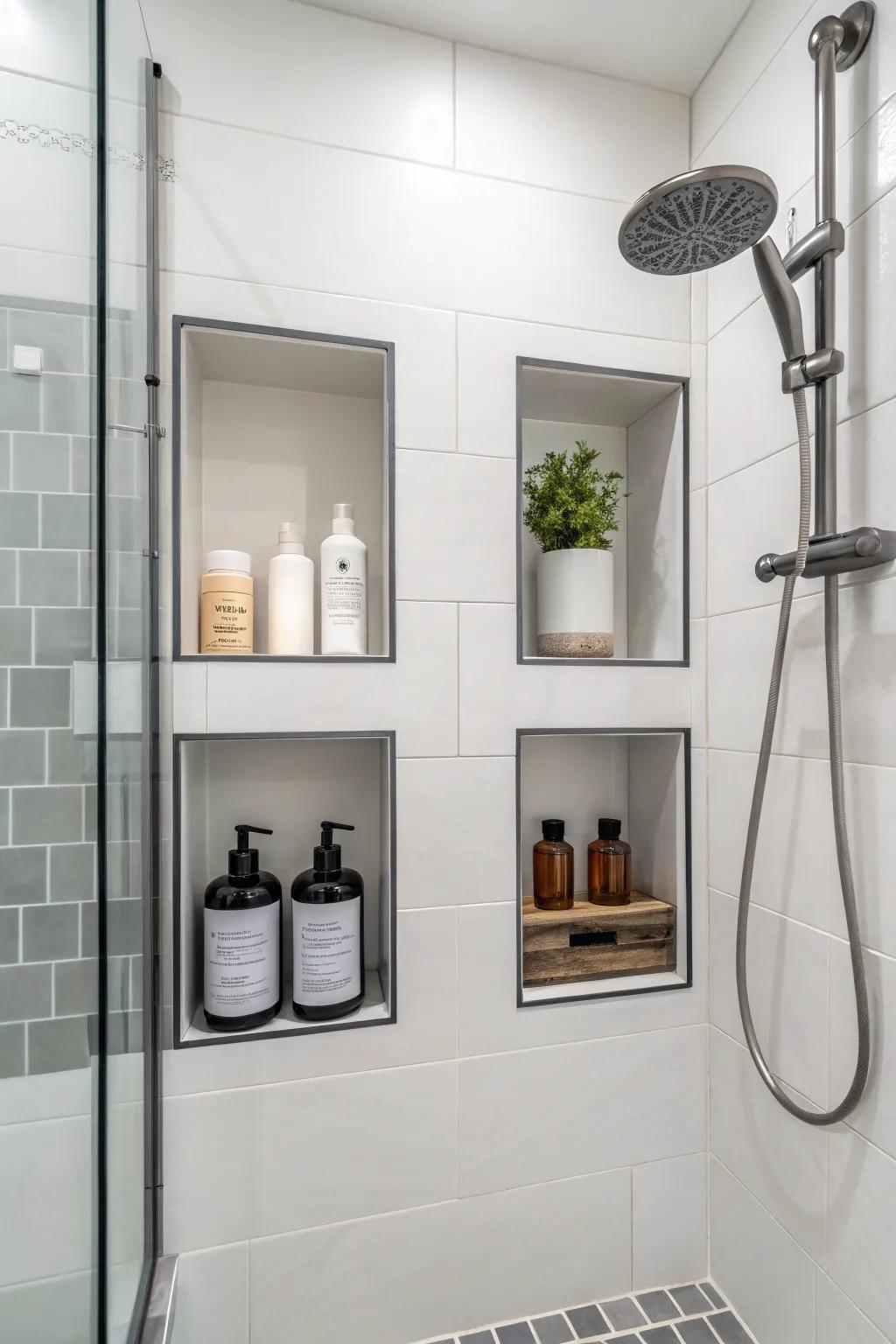 Smart storage solutions keep your shower organized and stylish.