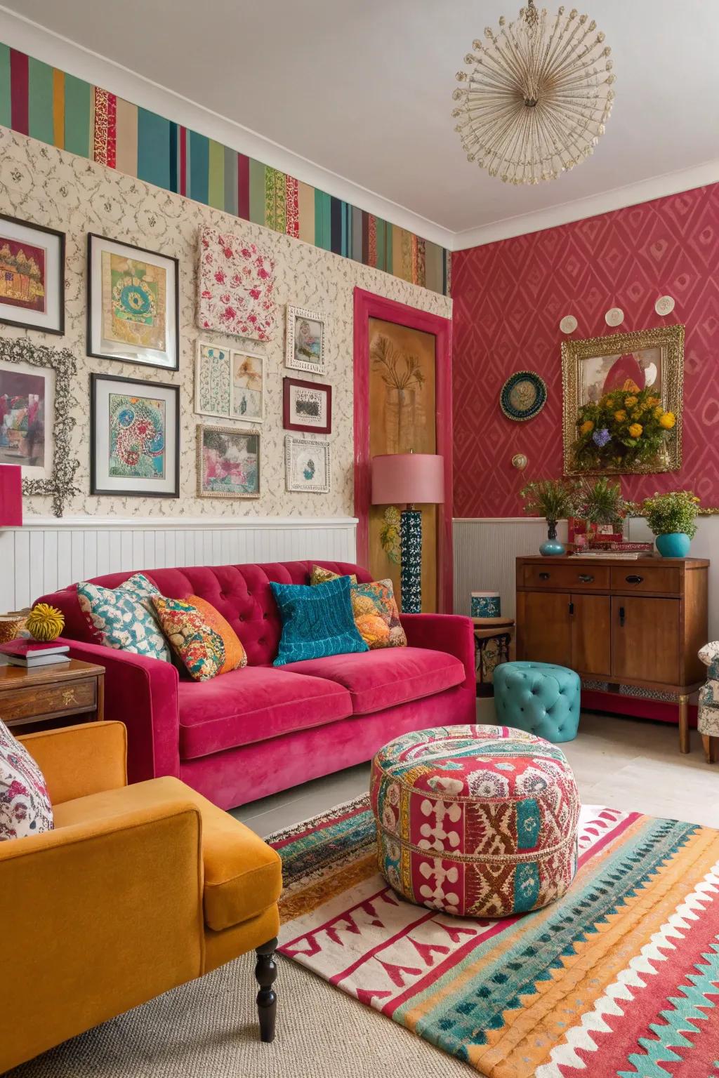Complementary color wallpaper adds vibrancy to a lively living room.