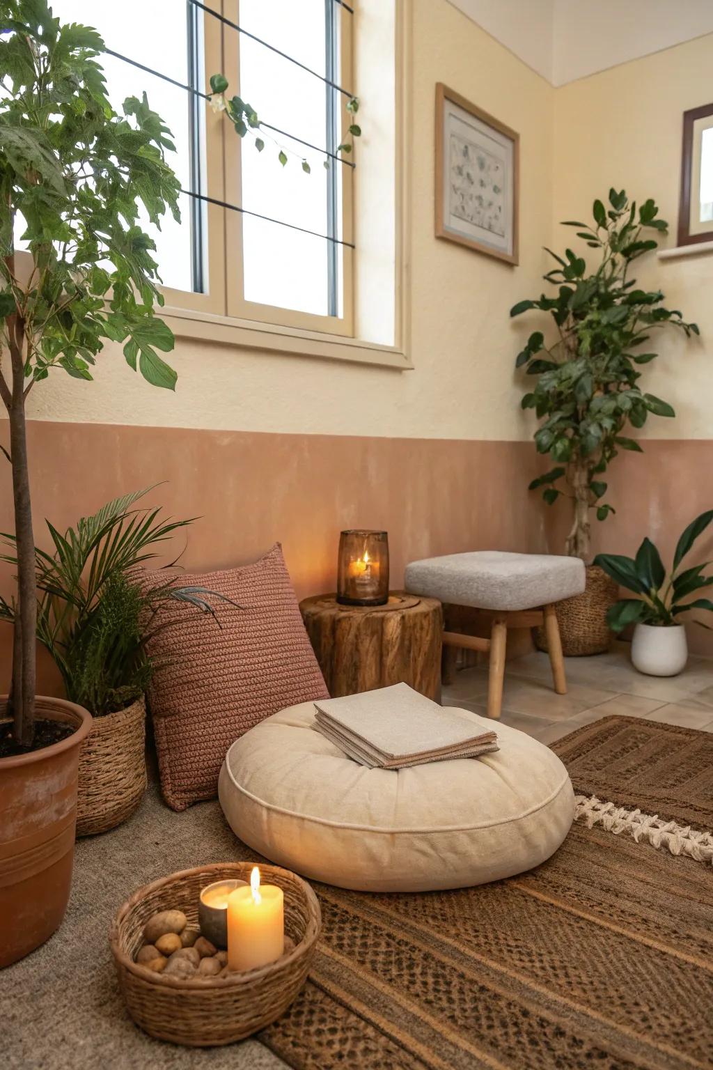 Earthy tones aid in the creation of a balanced and quiet meditation space.
