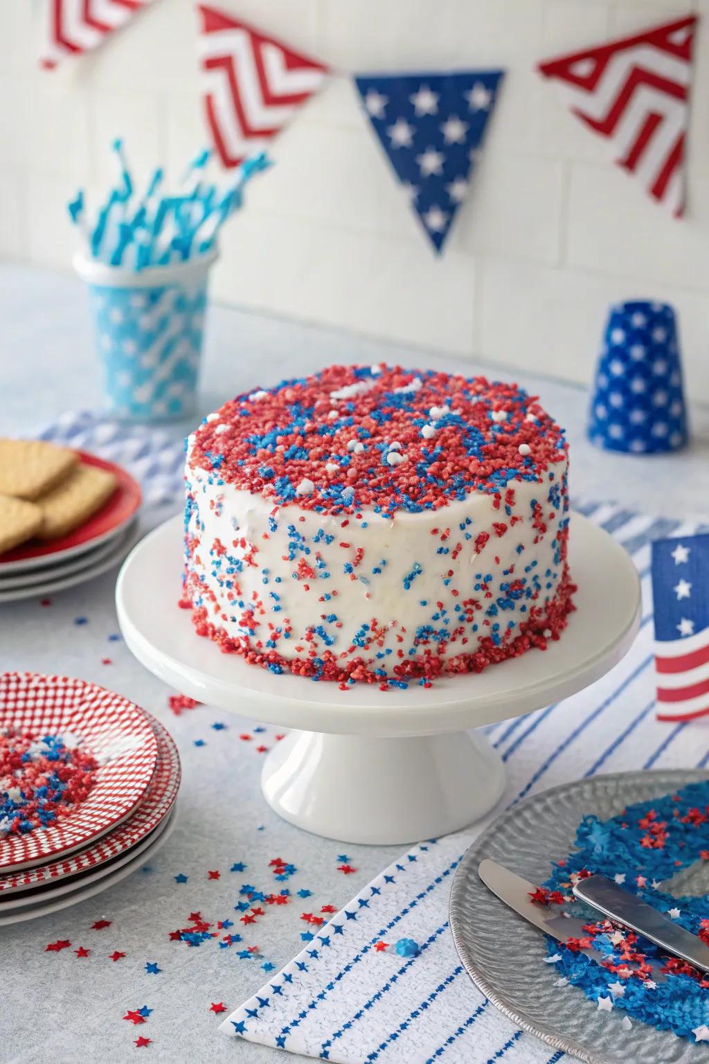 An explosion of patriotic sprinkles transforms a simple cake into a festive masterpiece.