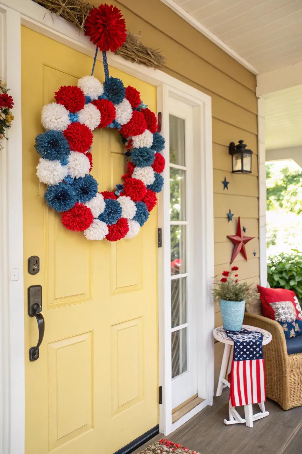 A playful and whimsical pom-pom wreath in patriotic shades.