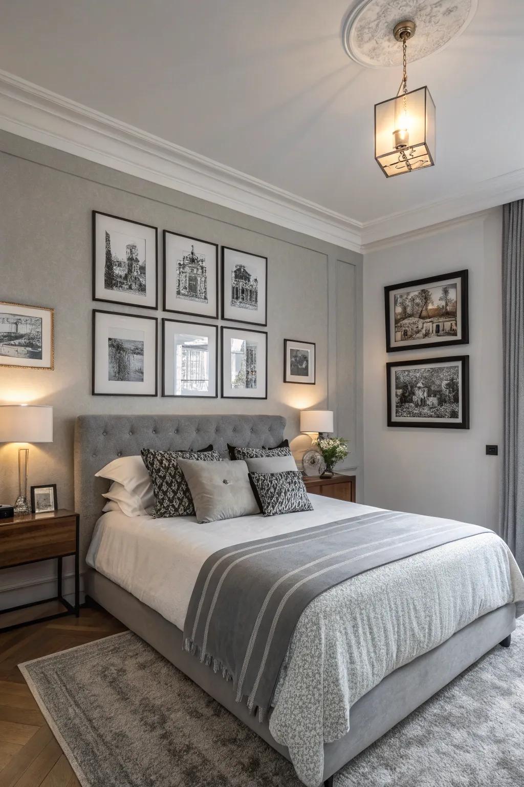 Single-color art enhances the elegance of this grey bedroom.