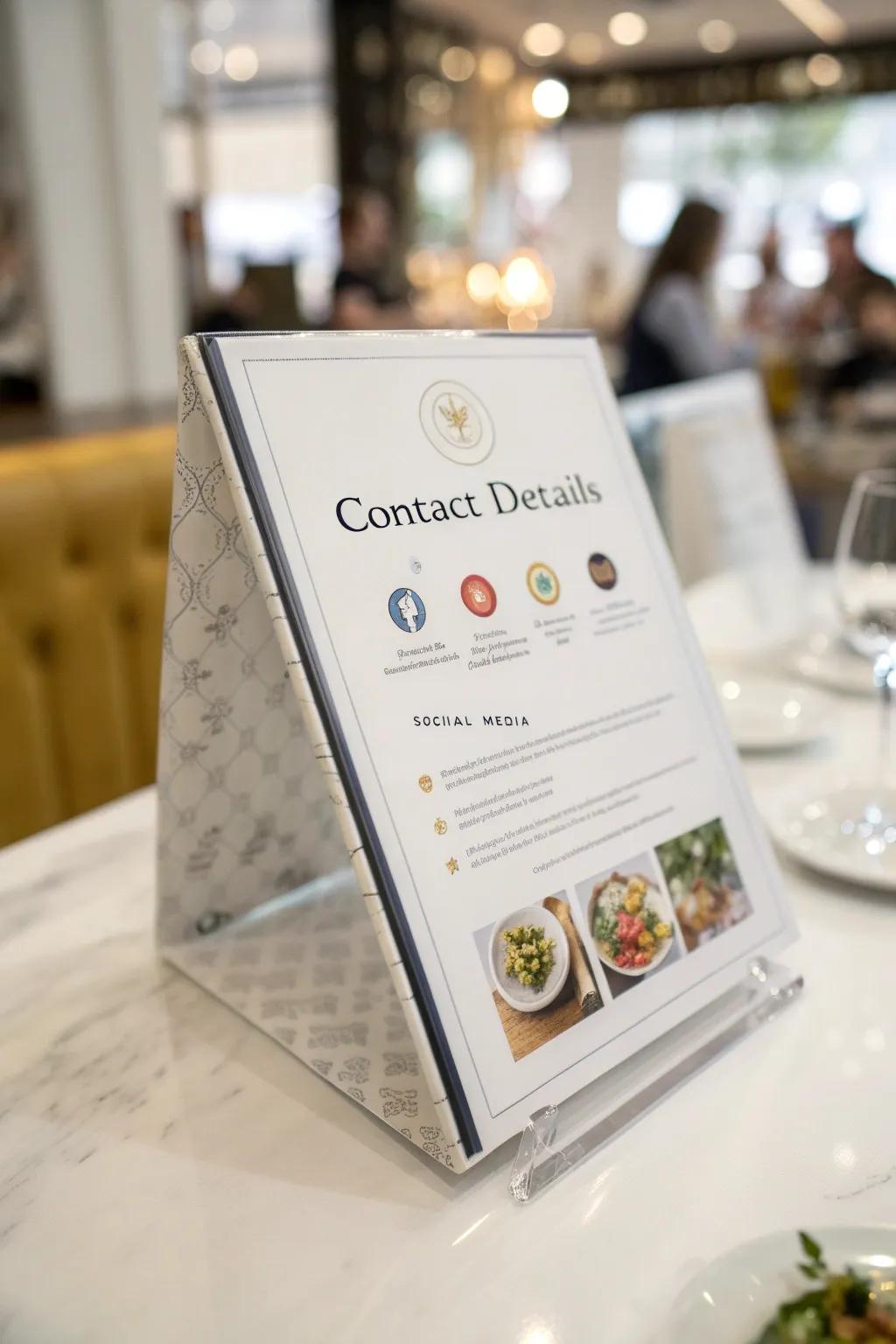 Connect with diners by including essential contact and social media information.
