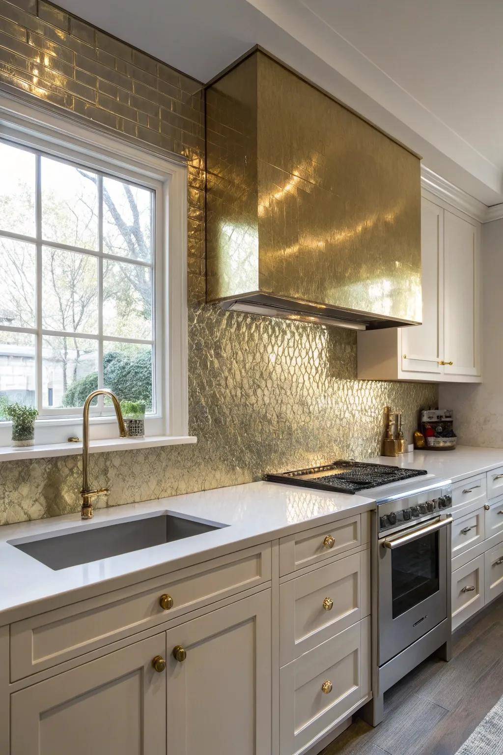 A kitchen featuring a bold brass metal backsplash.