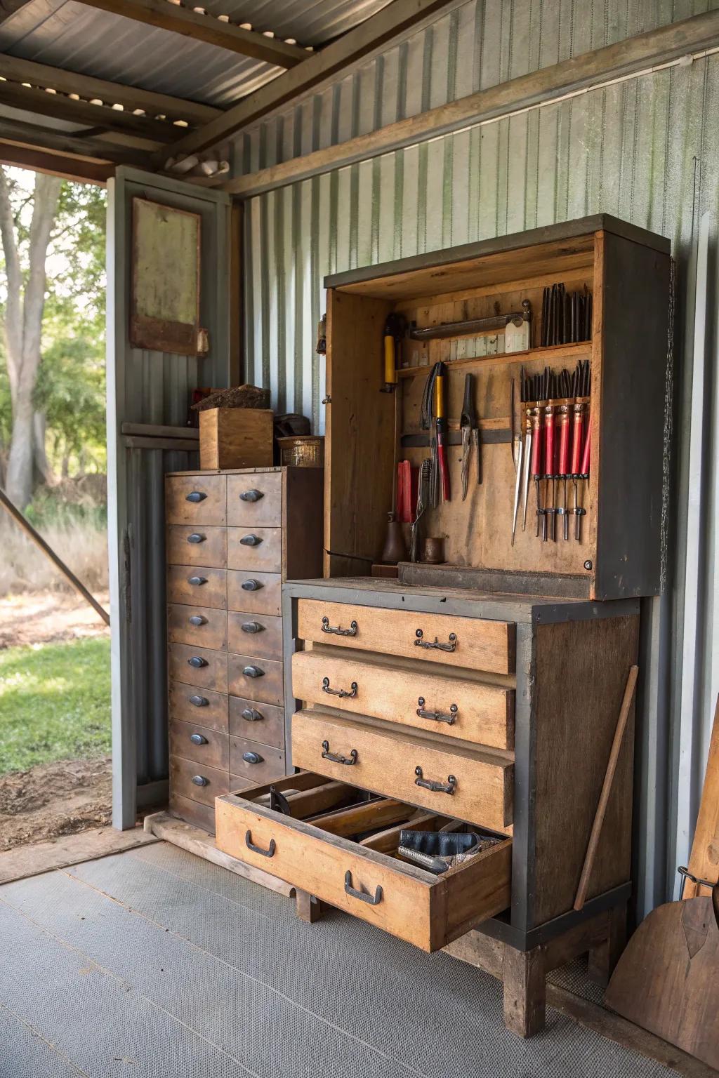 Vintage furniture finds new purpose as functional shed storage.