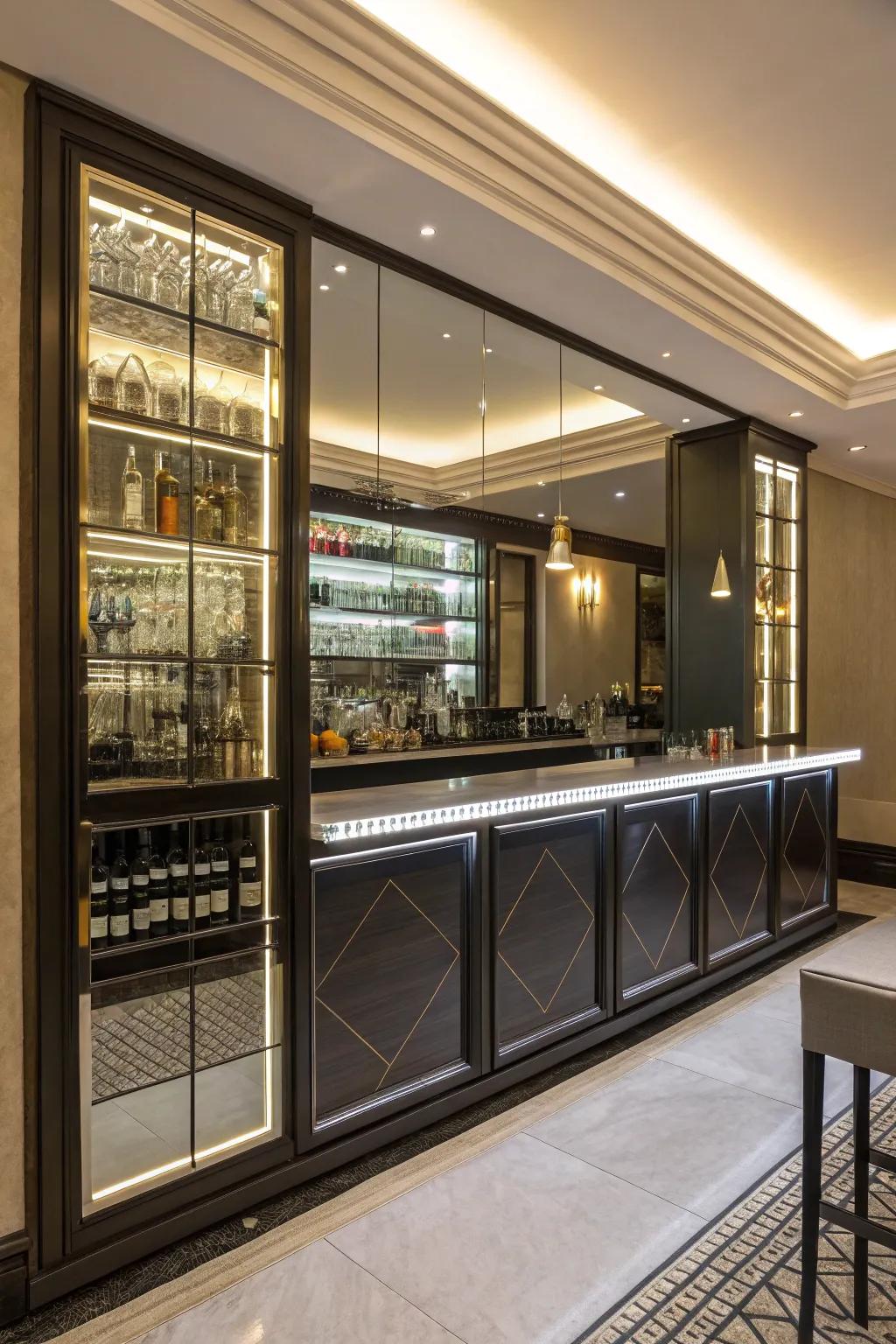 Mirrors amplify the perception of space and luminosity within a scaled-down watering hole.
