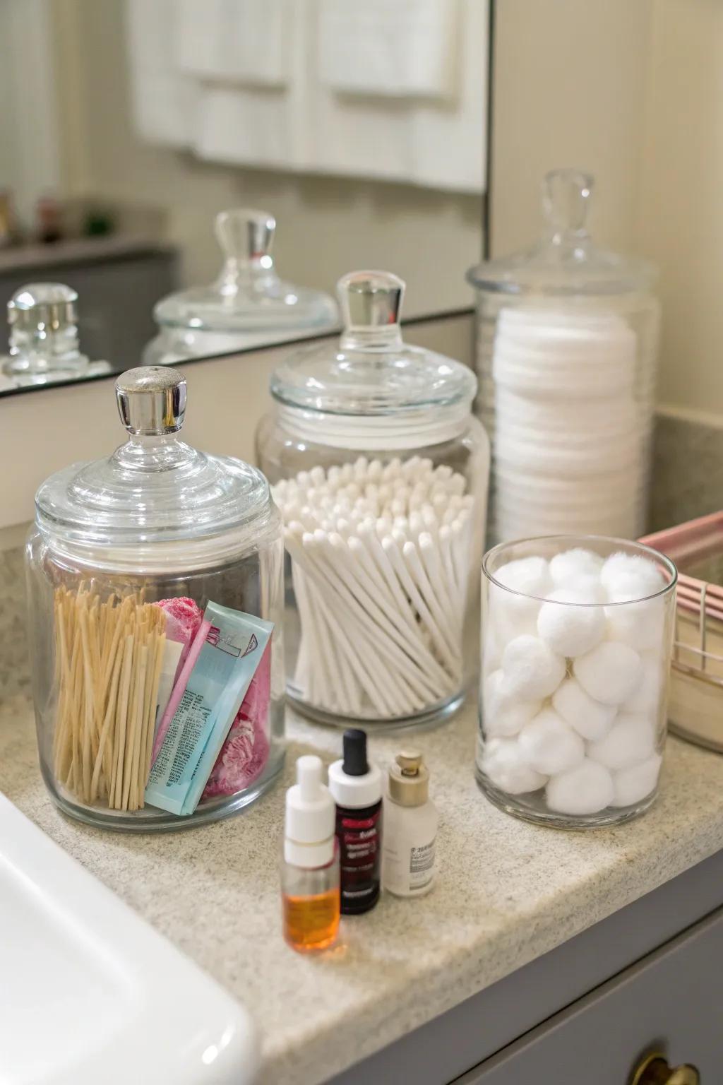 Organized canisters maintain bathroom essentials tidy and fashionable.