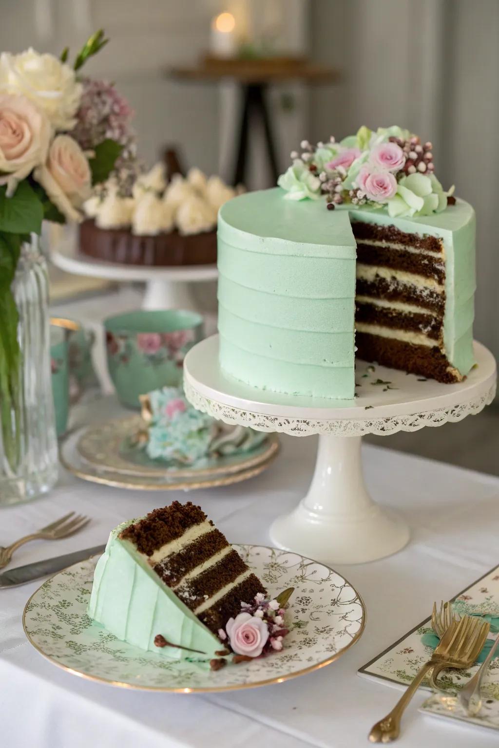 A mint green cake layered with tantalizing chocolate goodness.
