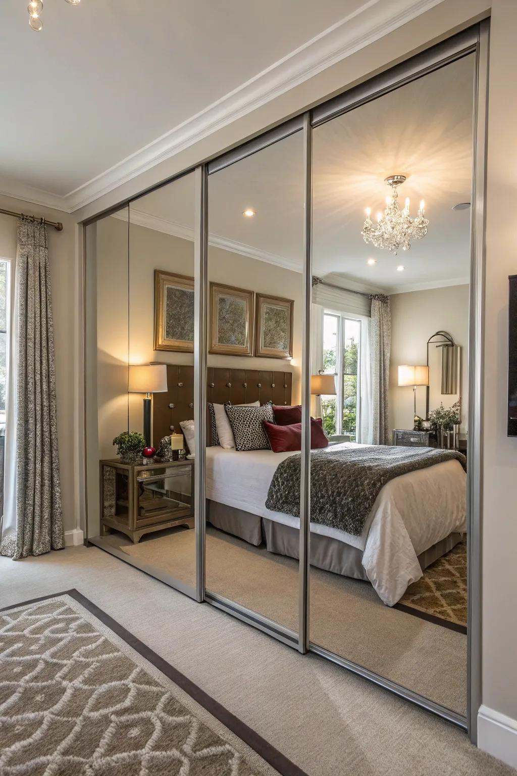 Reflective closet panels conserve space and infuse a contemporary essence.