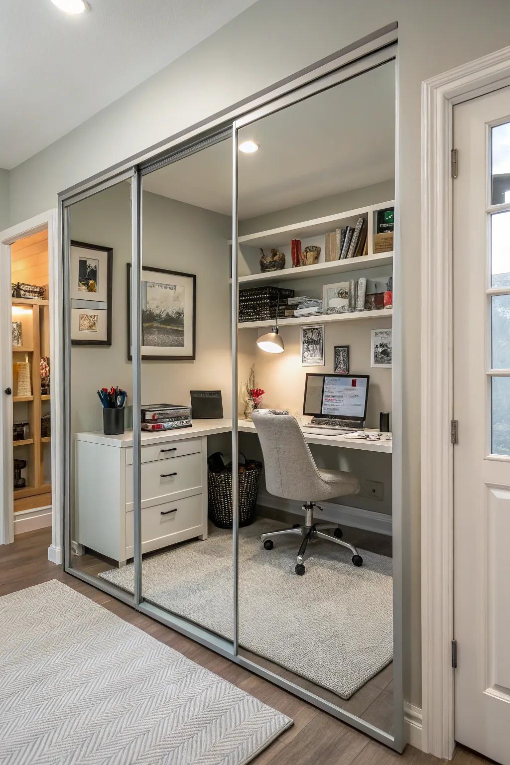 Employ mirrored closets to amplify natural light in home offices.