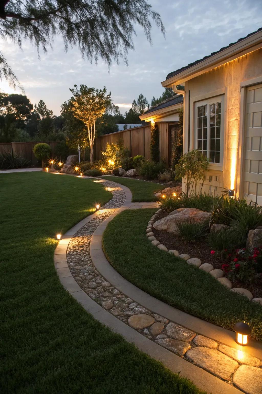 Accent lighting highlights the beauty of the artificial grass at night.
