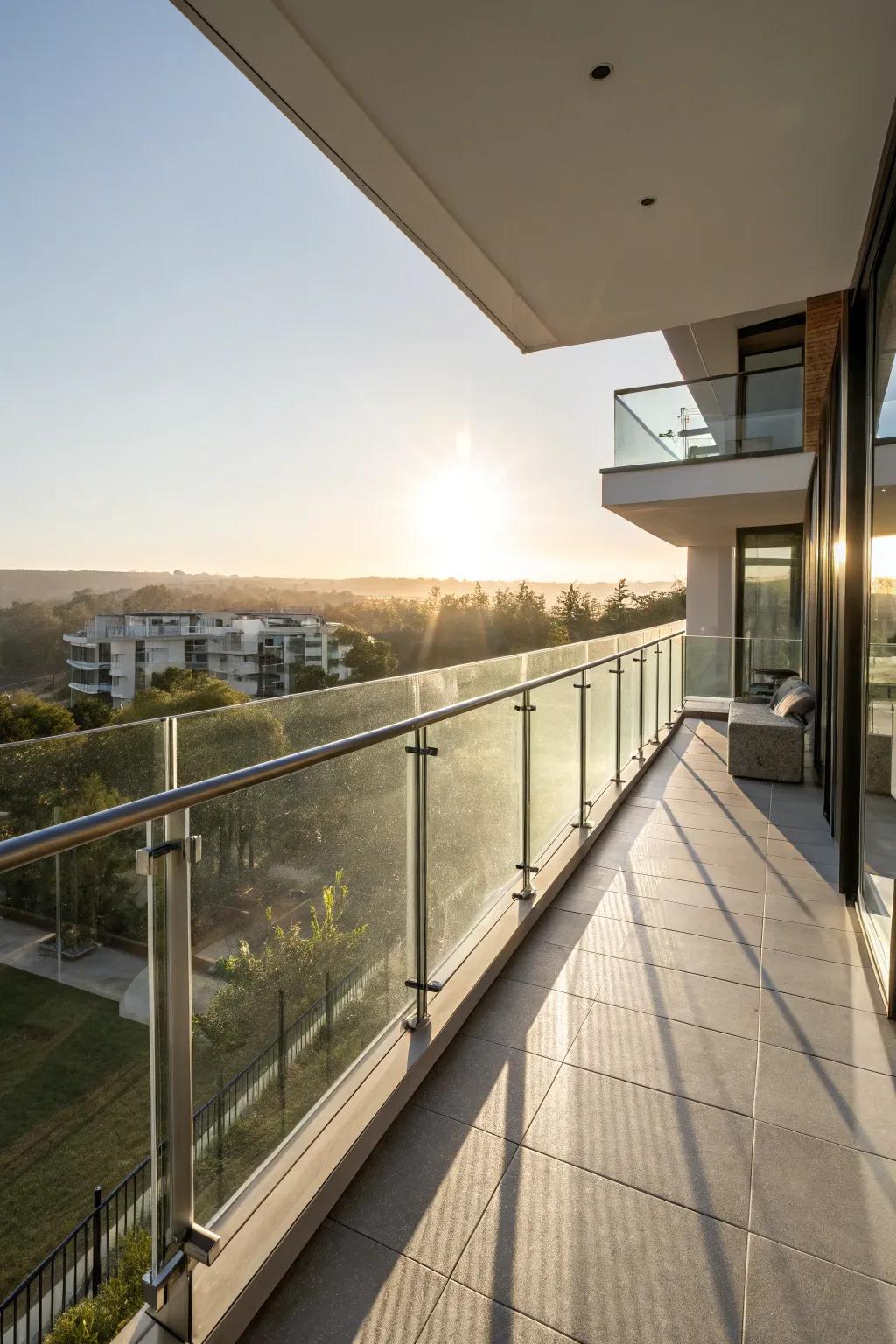 Modern balcony with glass panel railings and sunlight streaming through