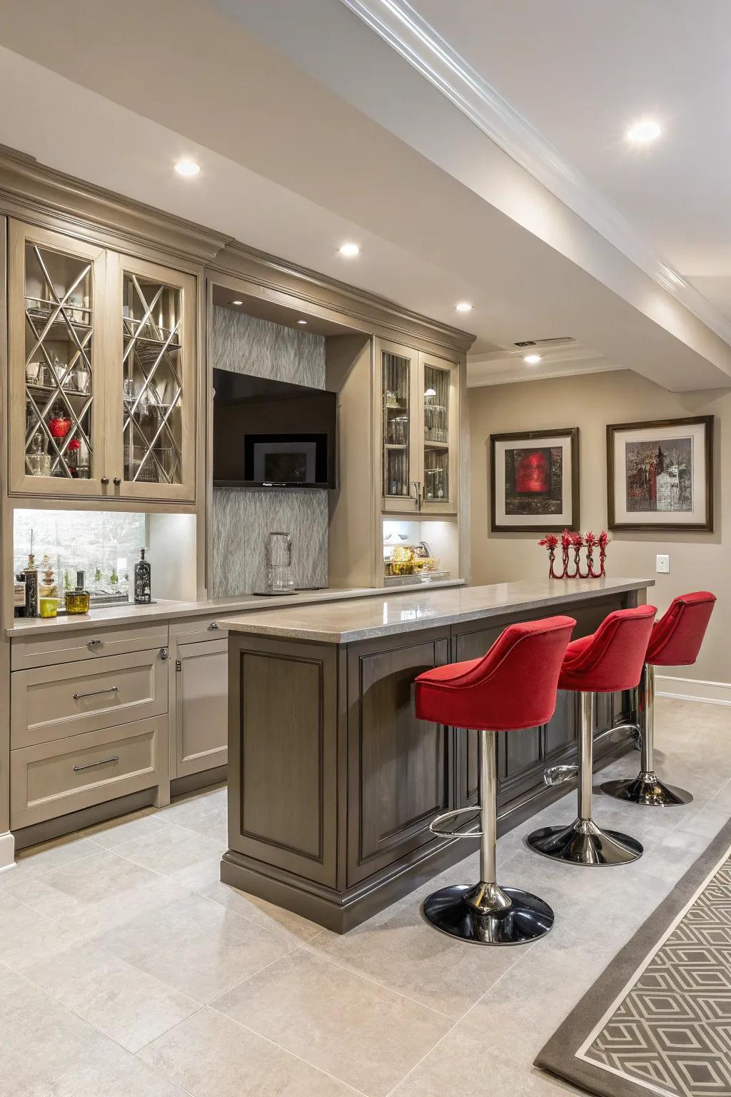 A non-aligned color scheme that features striking stresses adds style.