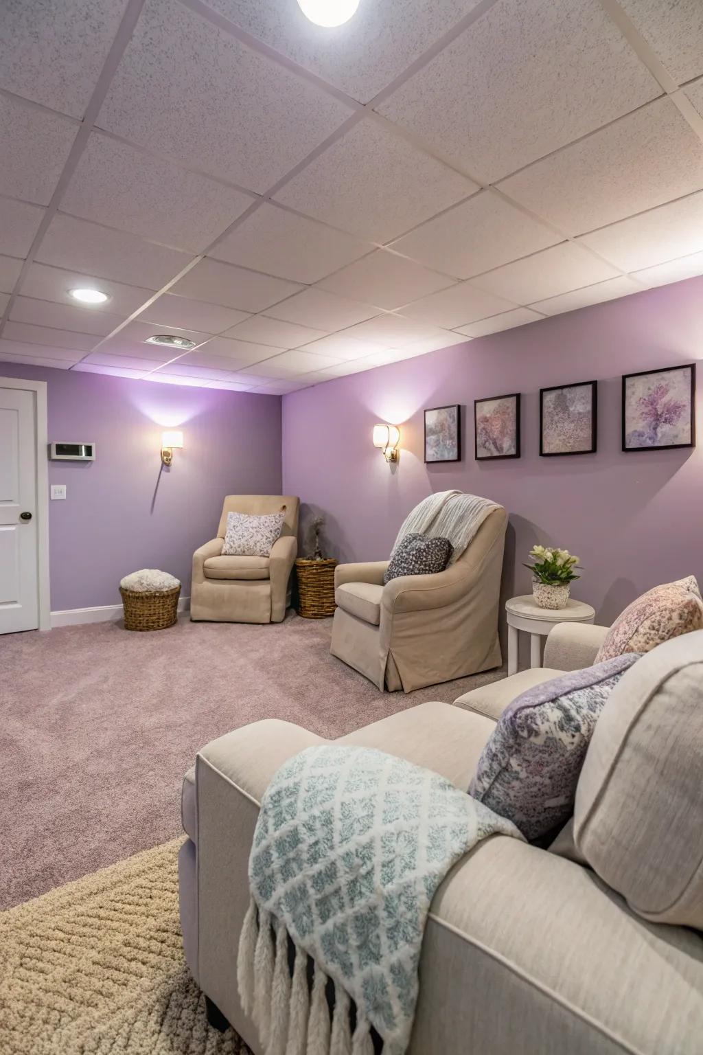 Delicate lilac delivers a serene and soothing basement ambiance.