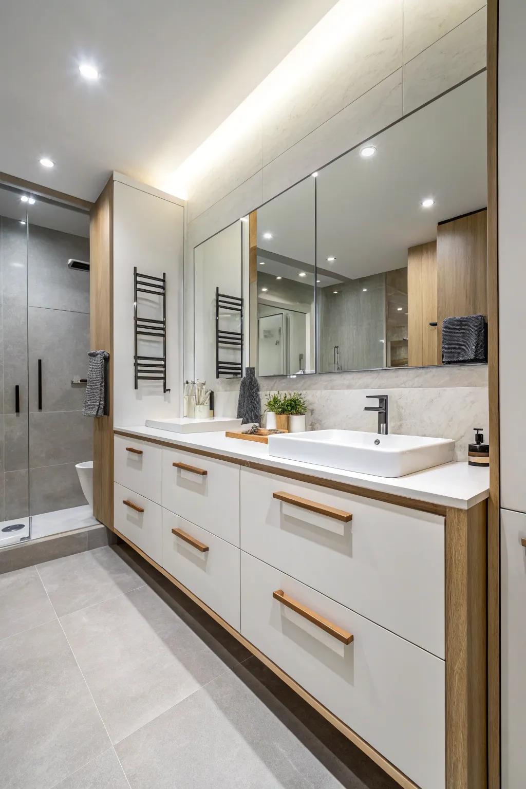 Accent details like timber levers personalize contemporary restroom storage units.