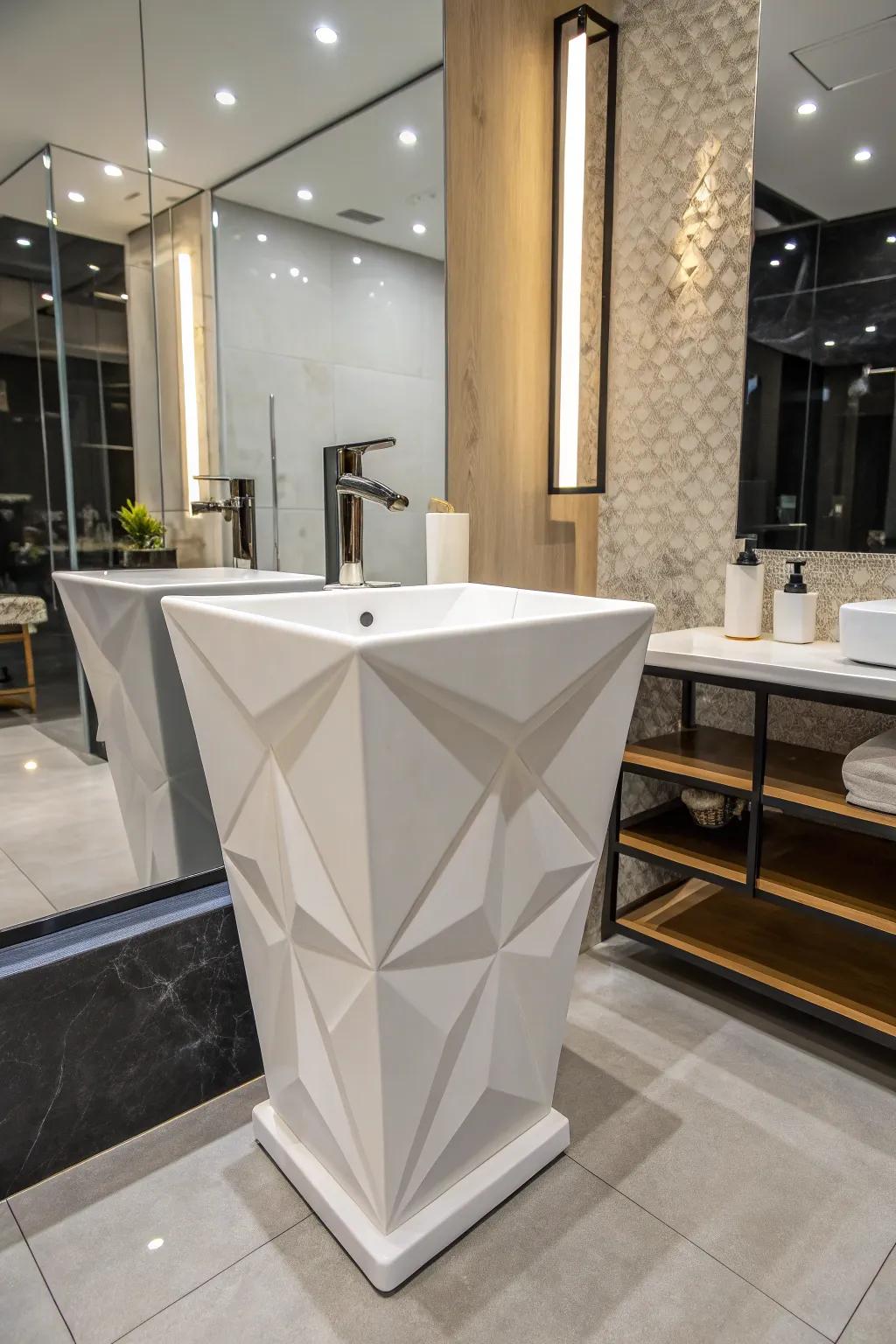 Geometric designs in basins command attention and assert a bold design narrative.