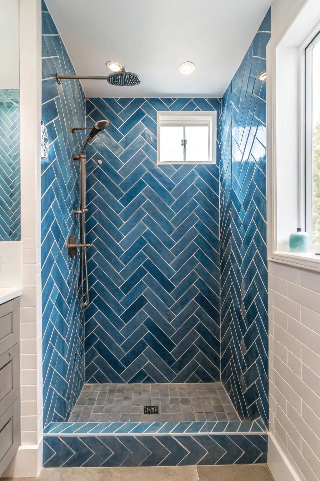 Textured herringbone azure ceramic squares generate a vibrant and captivating shower space.