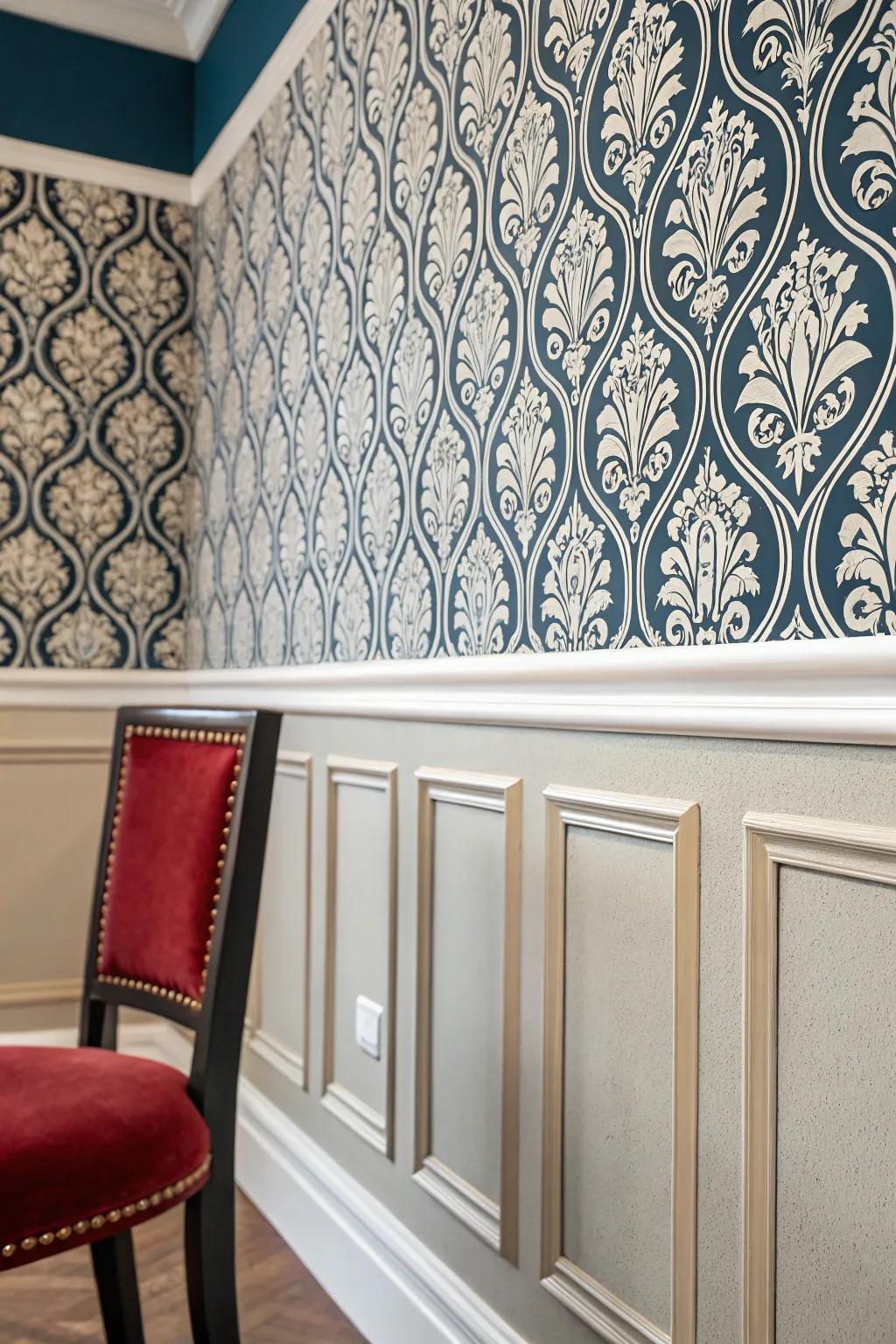 Wall covering and partition trim pairings for elegant aesthetics.