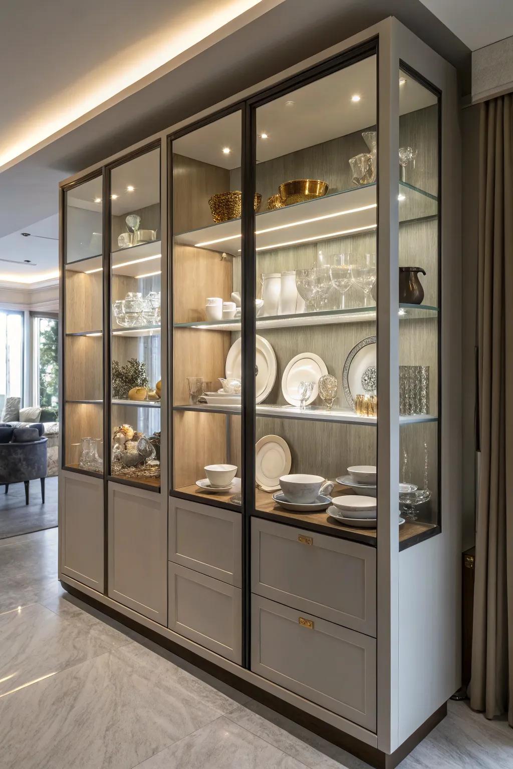 Airy and accessible open shelving in a china cabinet.