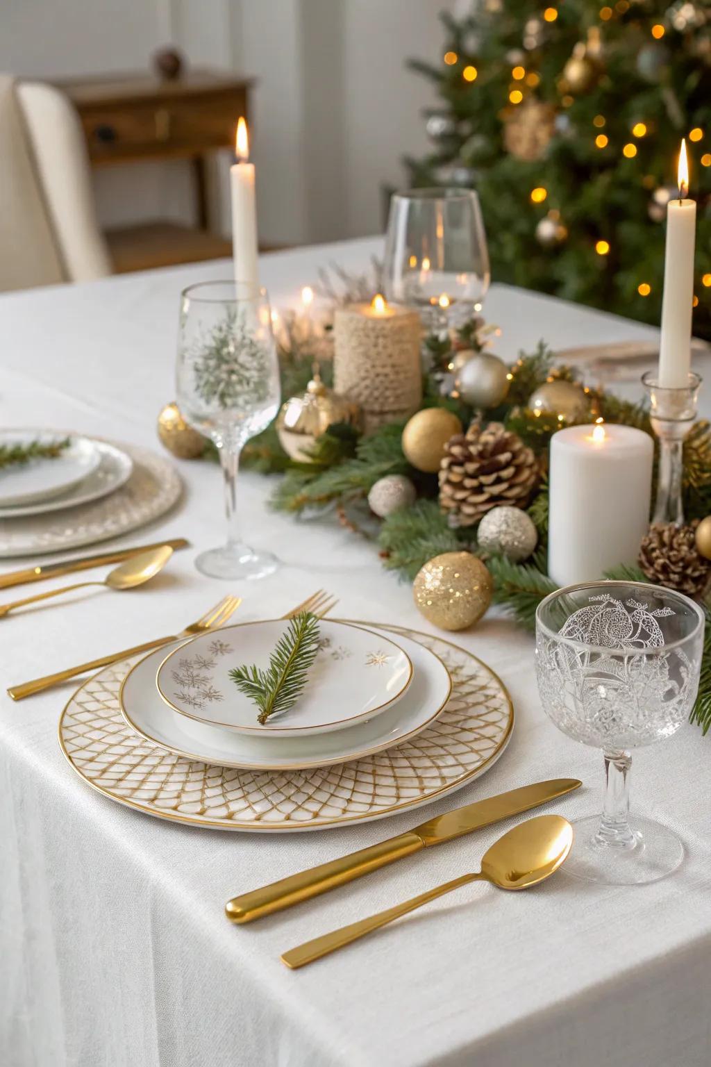 A lavish Christmas table arrangement featuring hints of gold.